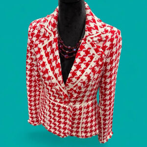 Red White Houndstooth Blazer Women M Fitted Tailored Tweed Style Coquette Retro